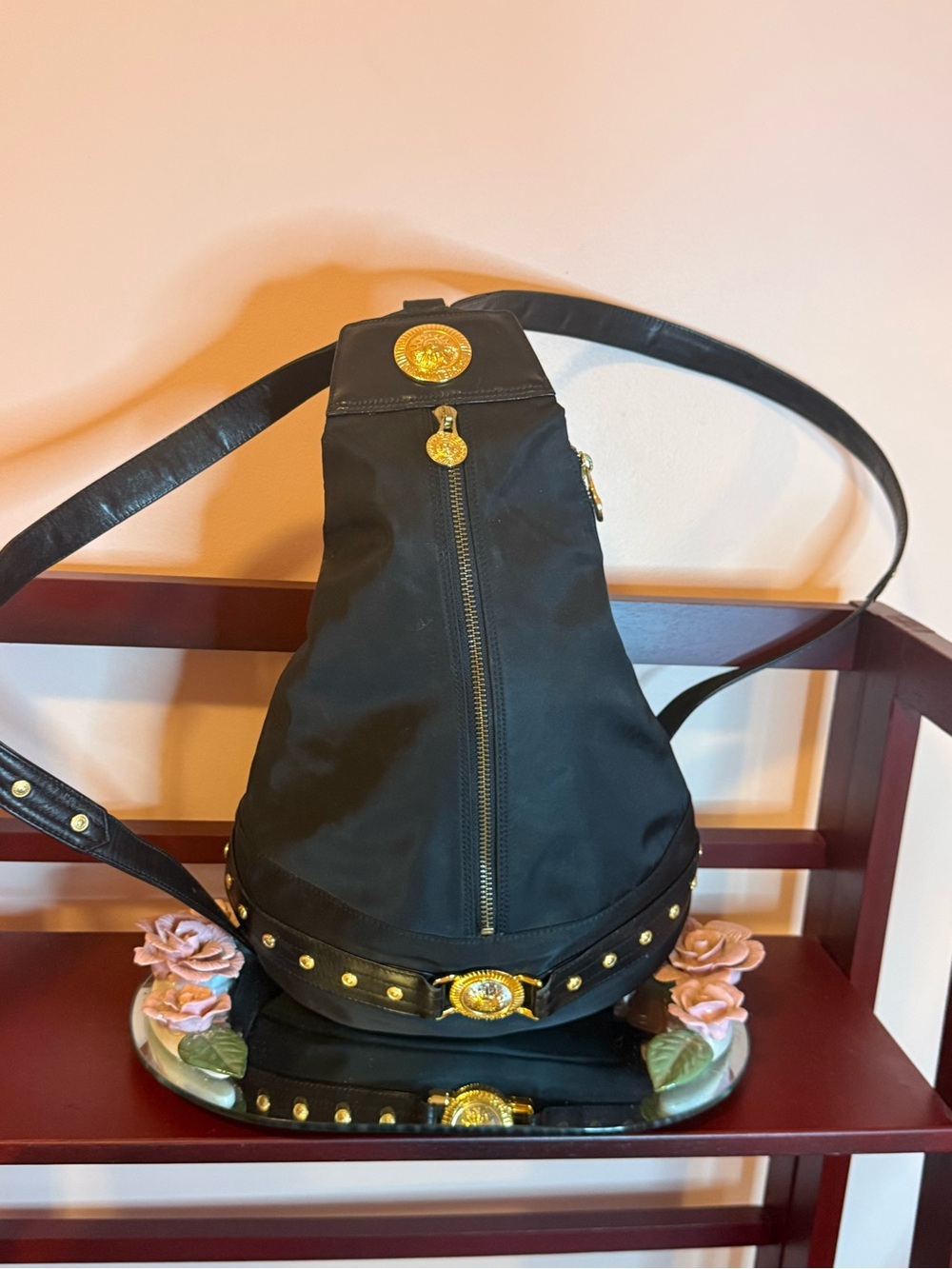 Gianni Versace Medusa Backpack with Gold medallion . Nylon and leather Black